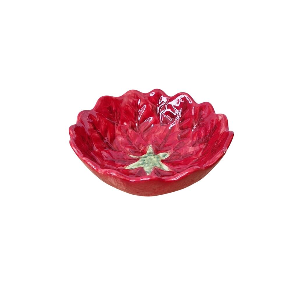 Maxcera Poinsettia Embossed Ceramic Christmas Bowl Scalloped Rim 6"